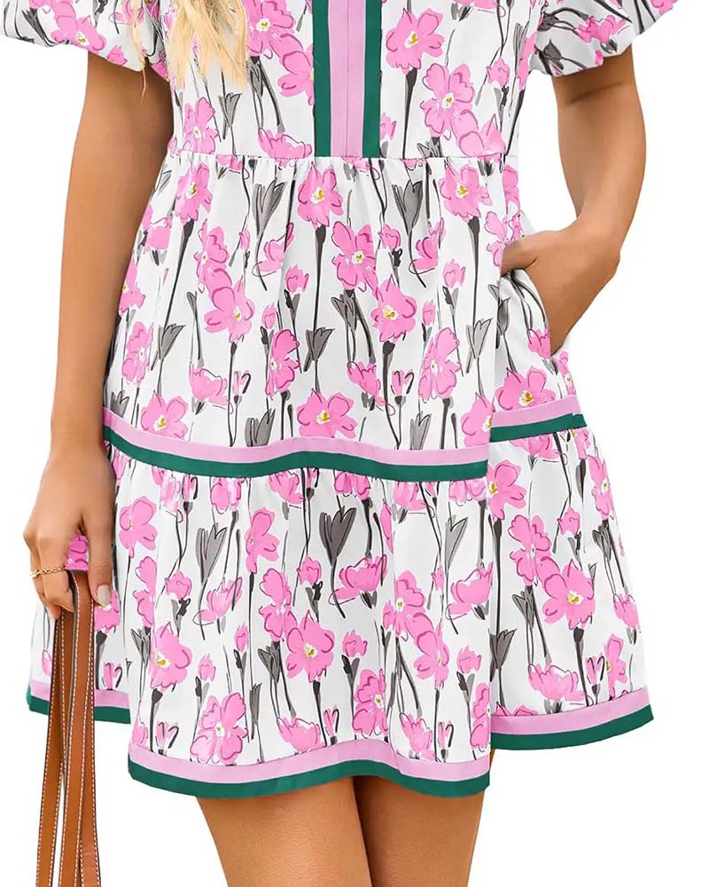 Kjole V-Hals Blomstrende Boble Erme Patchwork