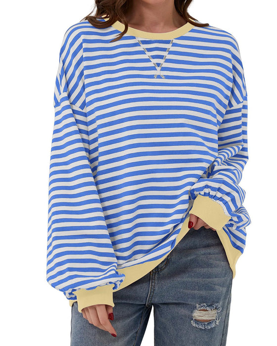 T-Shirt Stripet Rund Hals Fargeblokk