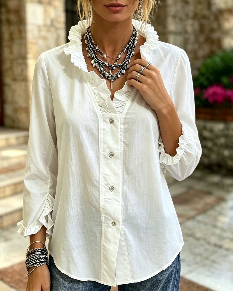 Bluse Ruffle Trim Knapp Solid Lang Erme