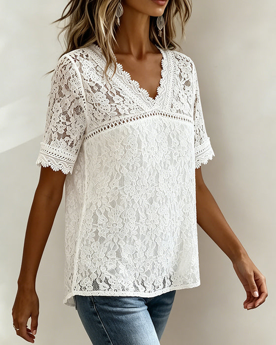 Ensfarget Bluse Kortermet Med Blonder
