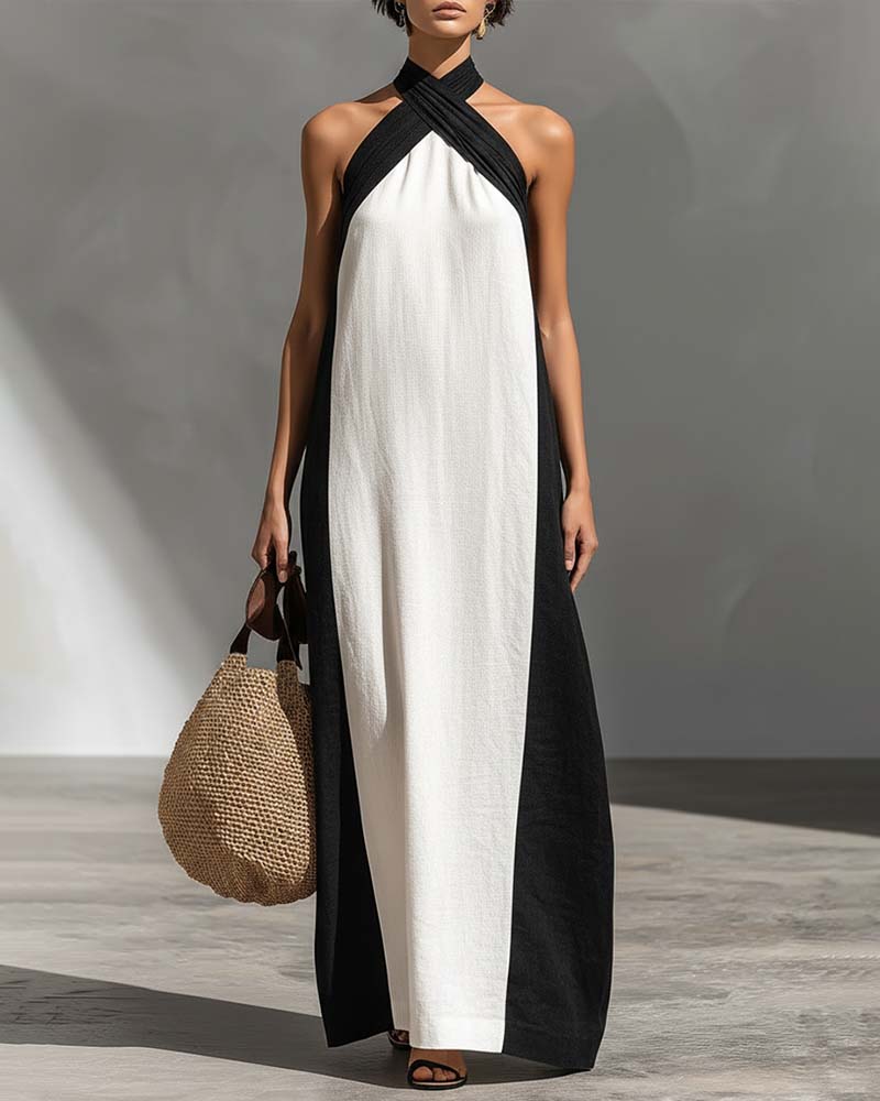 Kjole Kors Hals Kontrastfarge Chic