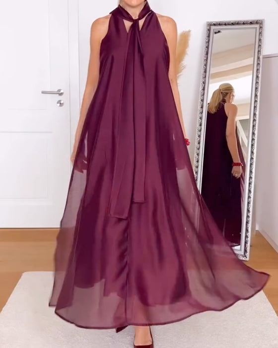 Kjole Halsringning Maxi Skjørt Solid Lett Chiffon