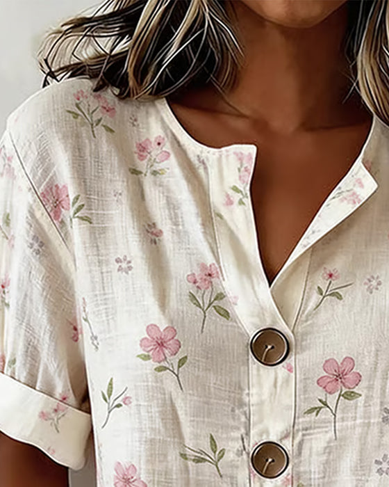 Bluse Lite Blomstret Trykk Knapp Avslappnet