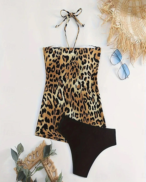 Tankini Halterneck A-Linje Leopardmønster Trekant