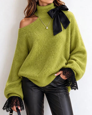 Genser Turtleneck Sløyfe Off-Shoulder Blonder Lappverk