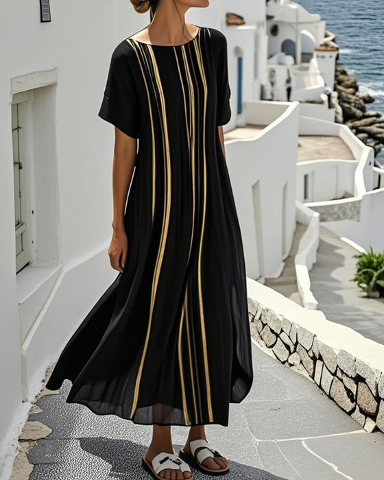 Kjole Rund Hals Stripe Sheer Full Skjørt