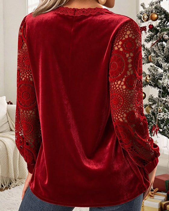 Bluse V-Hals Utskjæring Blonde Panel Lang Erme