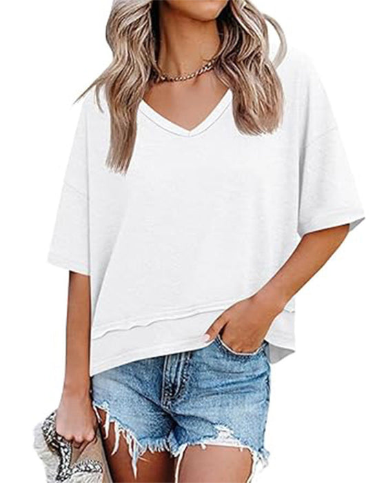 Bluse Ensfarget V-Utringning Lappeteppe Kant