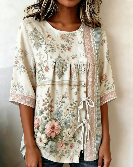 Bluse Retro Blomstermønster Avslappet
