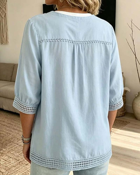Bluse V-Hals Knapp Blonde Gjennombrutt Ensfarget