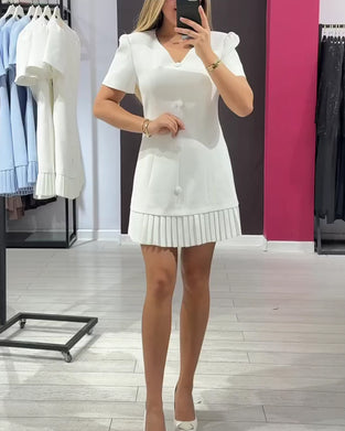 Kjole Ensfarget Elegant V-Hals Plissert