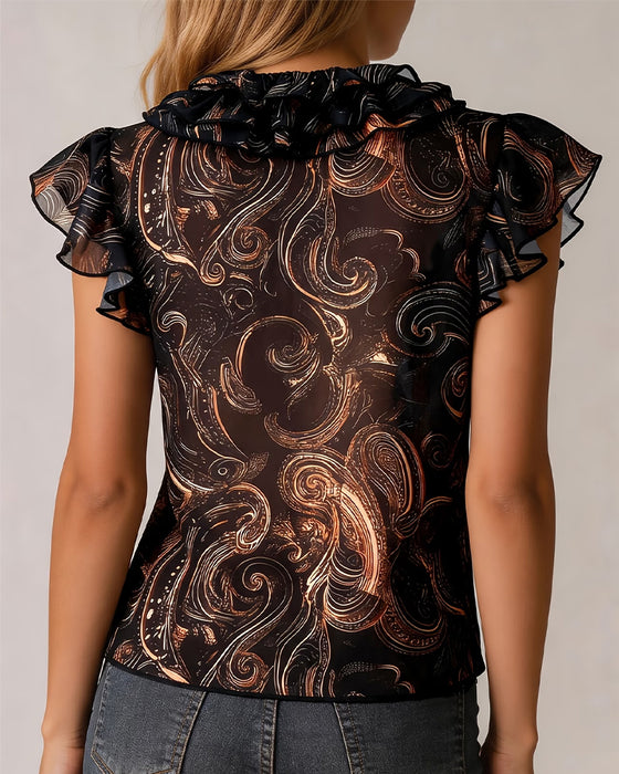 Bluse V-Hals Ruffle Flutter Erme Trykk