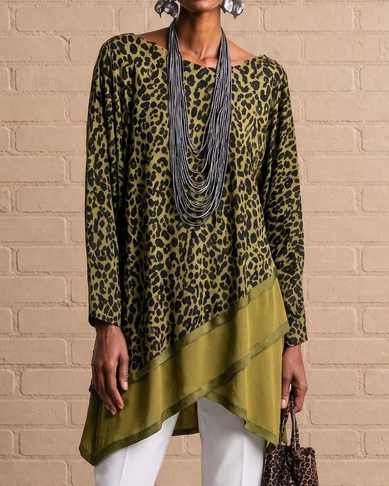 Leopardmønstret Topp Med Asymmetrisk Kant