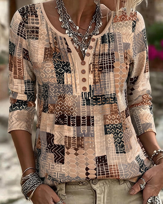 T-Shirt Geometrisk Patchwork Trykk Henley