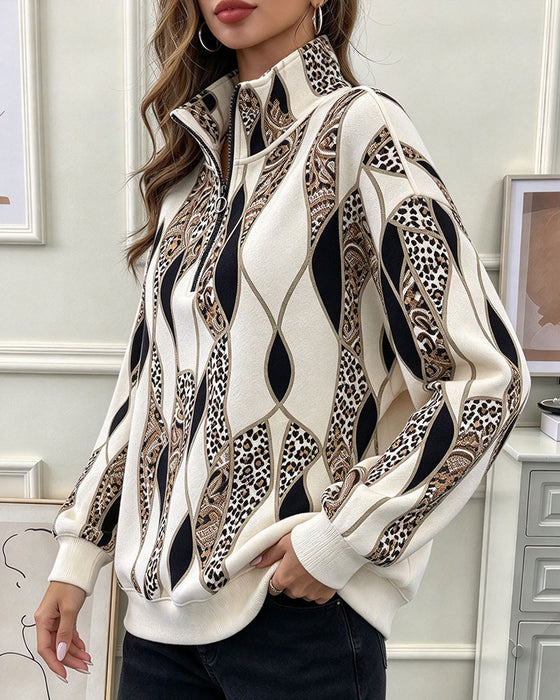 Sweatshirt Geometrisk Paisley Halv Glidelås Stående Krage