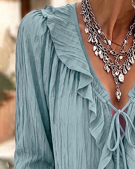 Bluse Ruffle Trim Knyting Lang Erme
