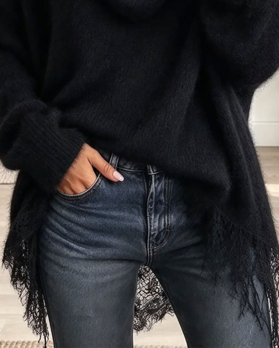Pullover Drape Krage Frynsete Plush Løstsittende
