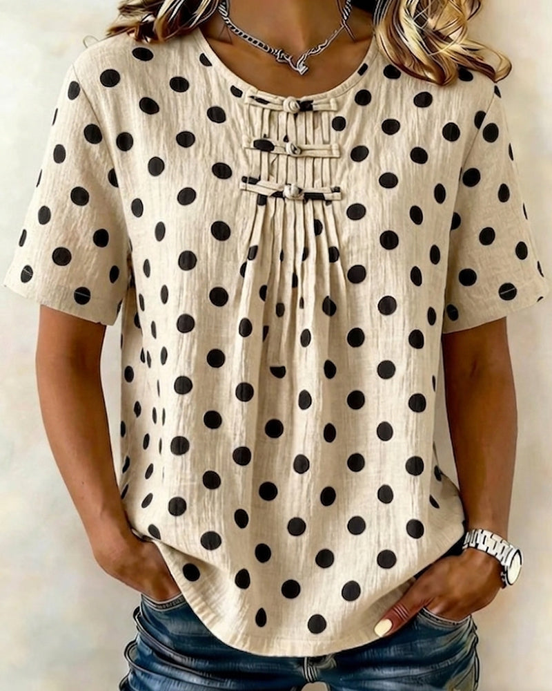 Bluse Polka Dot Frog Button Kort Erme