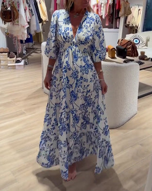 Kjole Dyp V-Hals Elegant Blomstret Lang