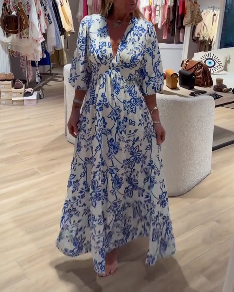 Kjole Dyp V-Hals Elegant Blomstret Lang