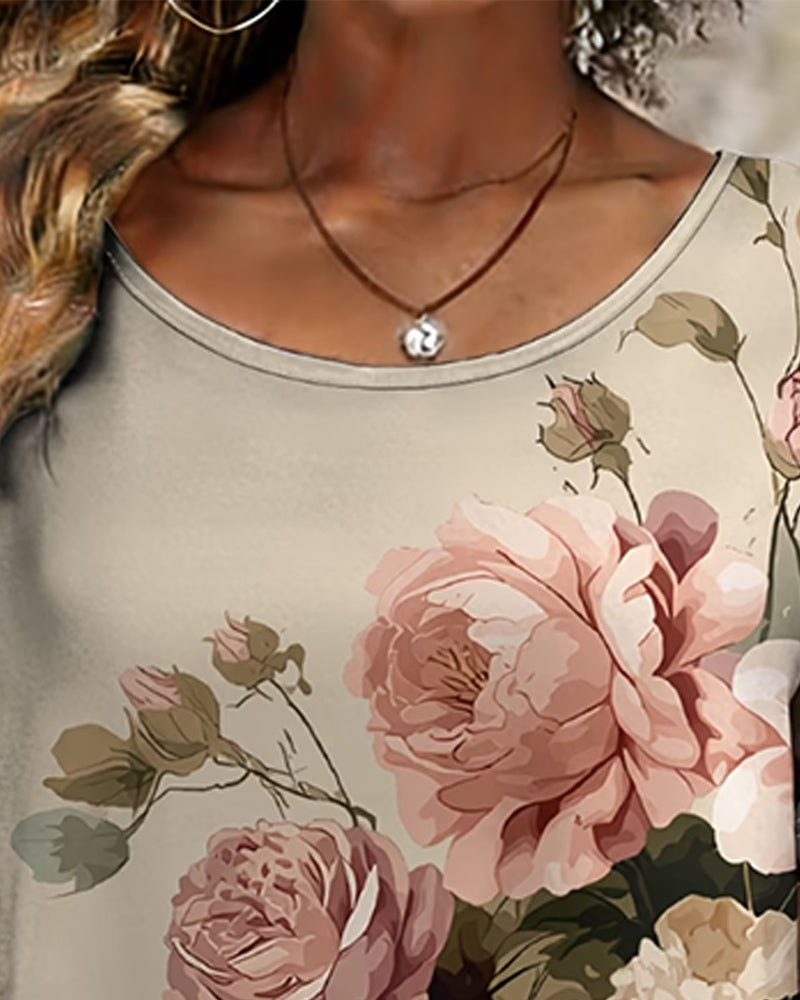 T-Skjorte Vintage Stor Blomstret Asymmetrisk Fal Kort Erme