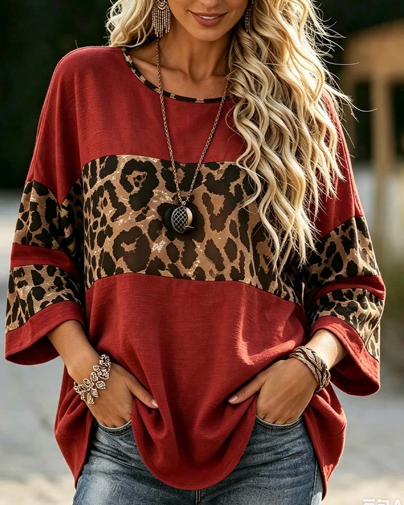 Topp Rundhalset Leopard Fargeblokk
