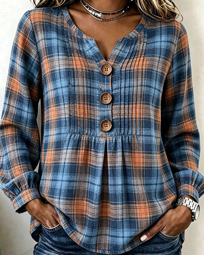 Bluse Tre-Knapp Rutete Langermet