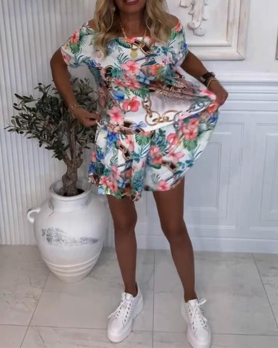 Jumpsuit Med Vekst og Blom Mønster, Off - the - Shoulder Stil