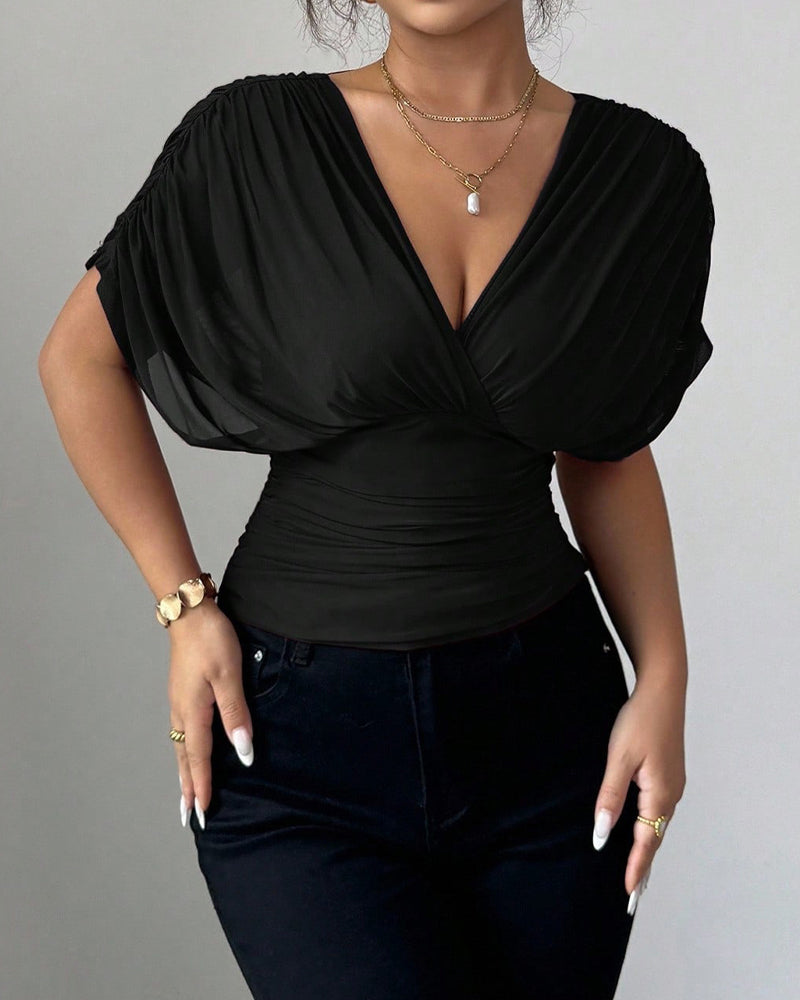 Bluse Solid Farge Dyp V-Hals Midje Kort Erme