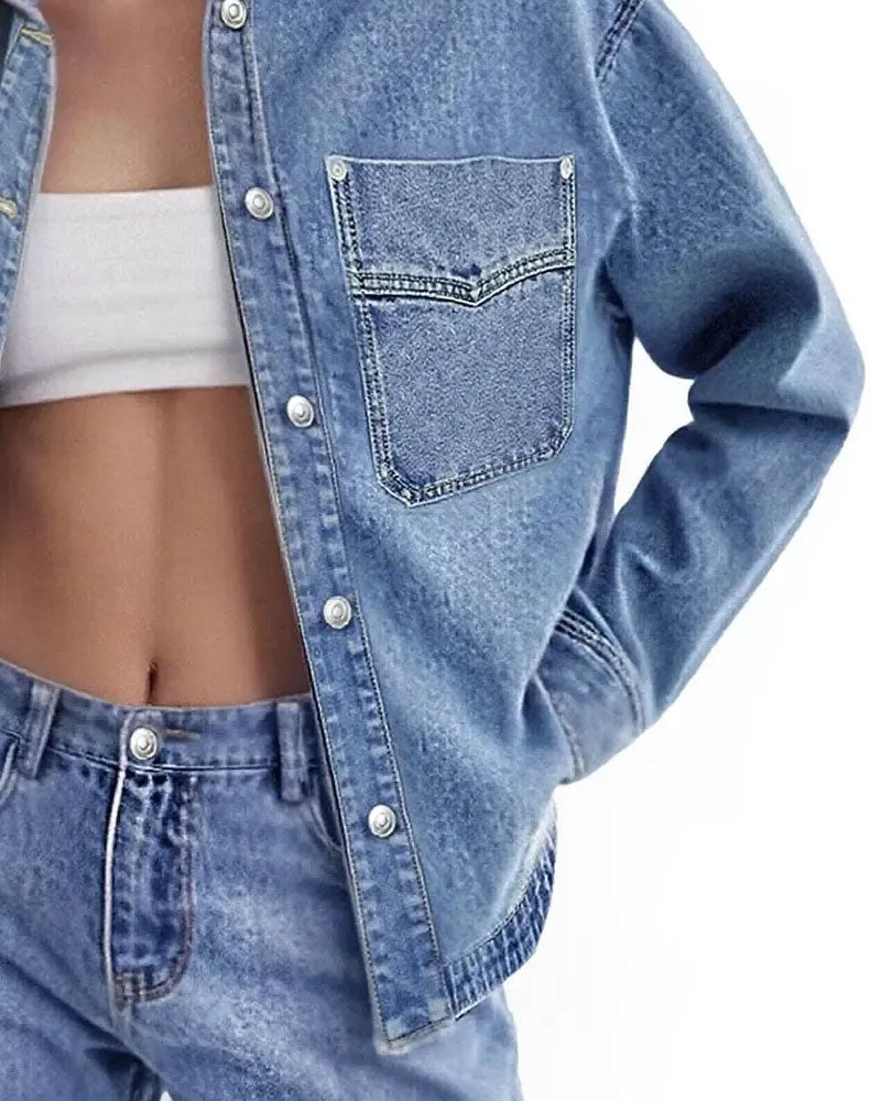 Skjorte Jakkeslag Knapp Lang Erme Denim