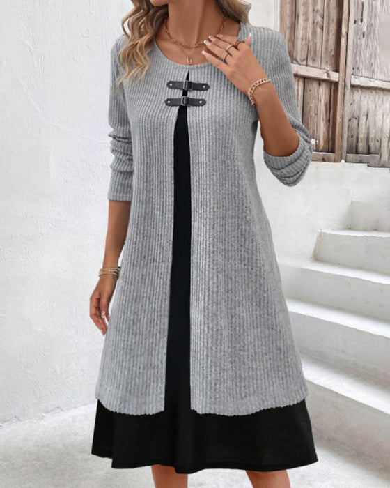 Patchwork, ribbet kjole med lange ermer