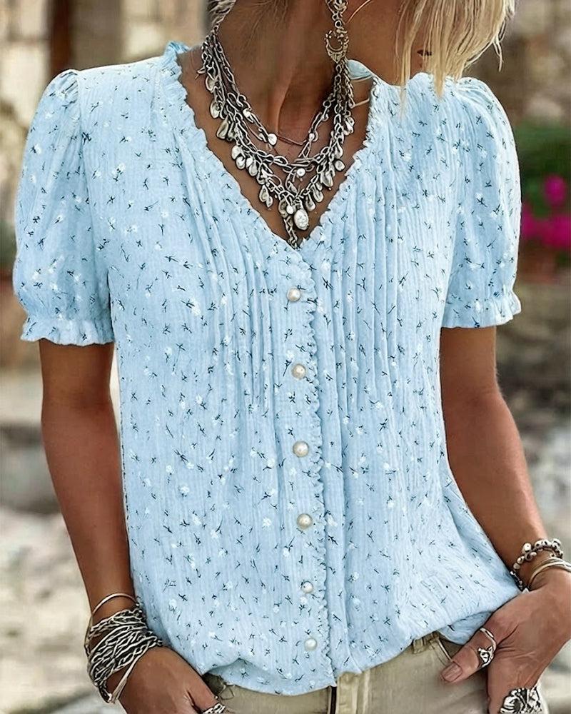 Bluse Pufferme Blomstret Trykk Kortermet