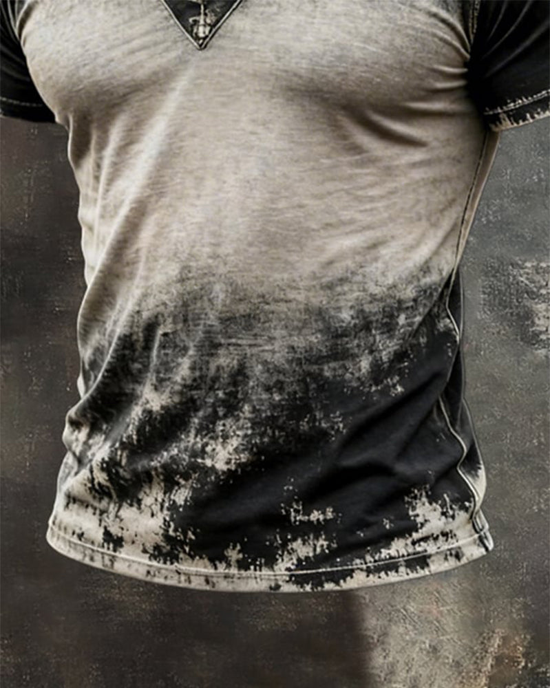 Retro Herretop Med Slitt Utseende, Fargeblokkdesign, V-Hals Og Korte Ermer