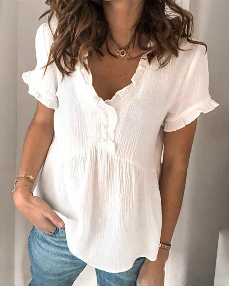 Blus Volang V-Hals Korte Ærmer