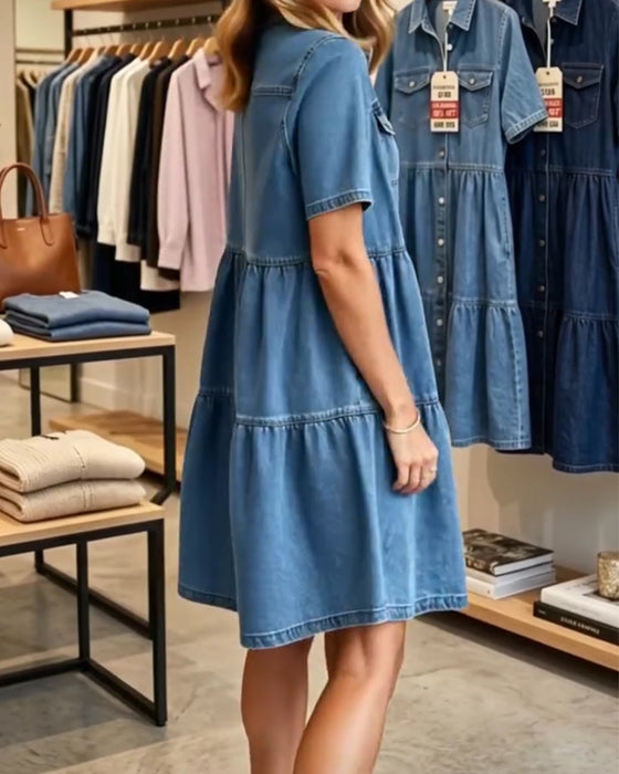 Kjole Denim Ruffle Lag Kort Erme