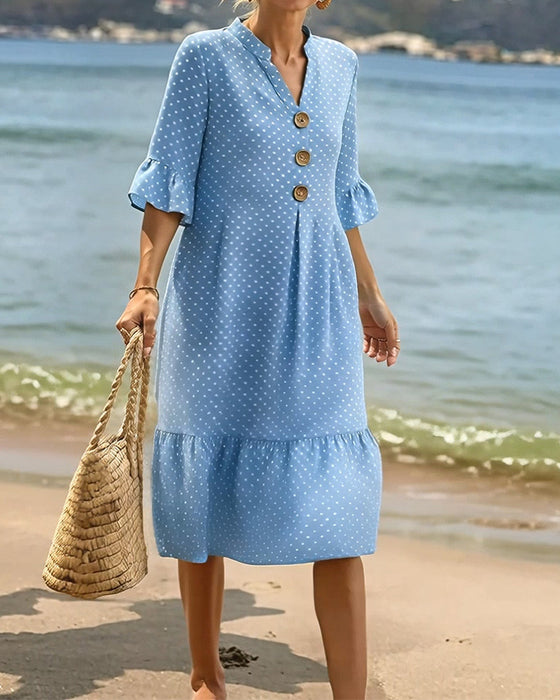 Kjole Polka Dot V-Hals Rynket Erme