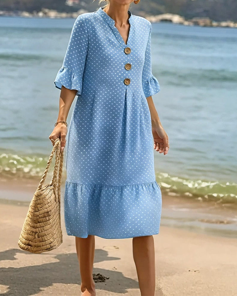 Kjole Polka Dot V-Hals Rynket Erme