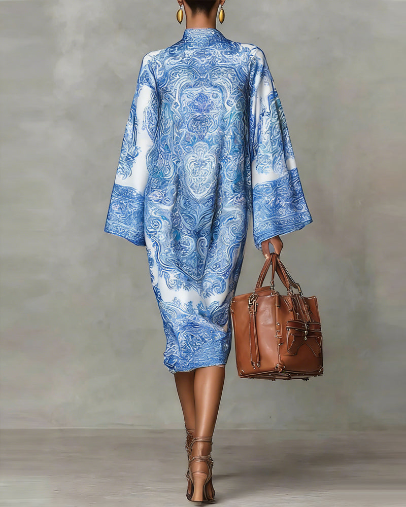 Høyhalset Kjole Med Vintagemønster