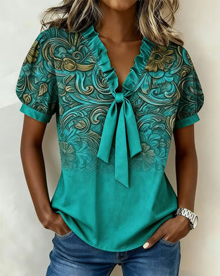 Blus Slipsbånd Volang V-Hals Printed Korte Ærmer