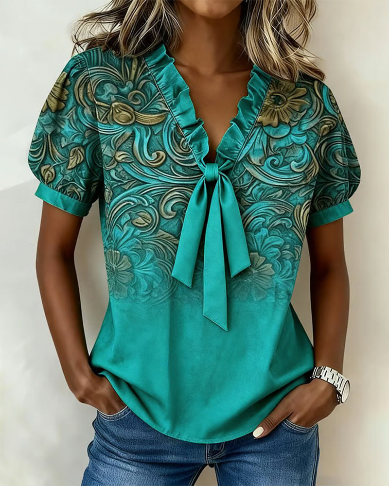 Blus Slipsbånd Volang V-Hals Printed Korte Ærmer