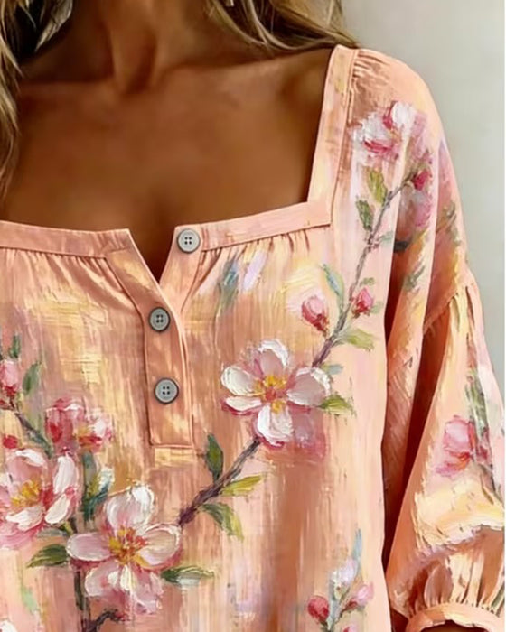 Bluse Blomstret Trykk Firkantet Hals