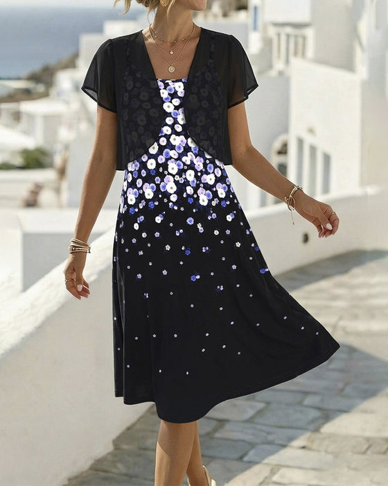 Sett Gradient Blomstret Kjole + Mesh Sjal