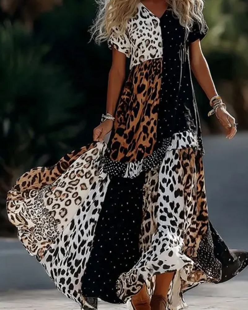 Kjole V-Hals Leopard Prikket Ruffle