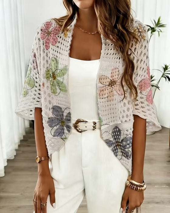 Cardigan Uthuling Blomstertrykk Strikket