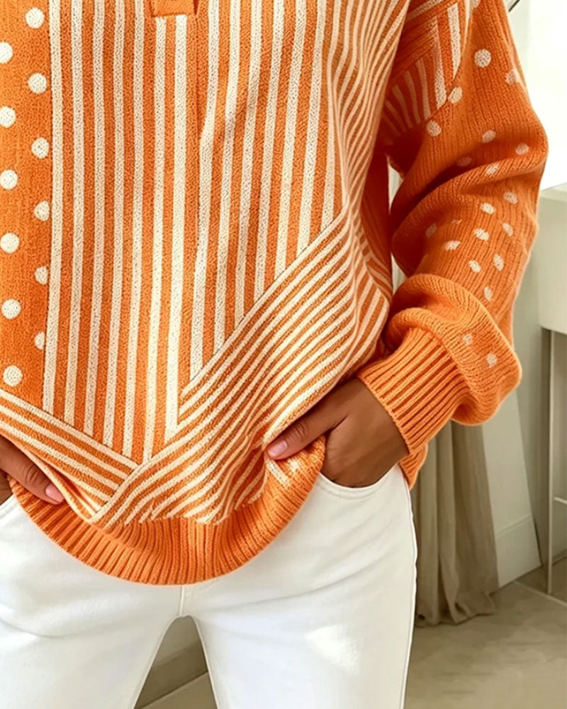Pullover Knapp Foran Stripe Prikket Drop Skulder Strikket