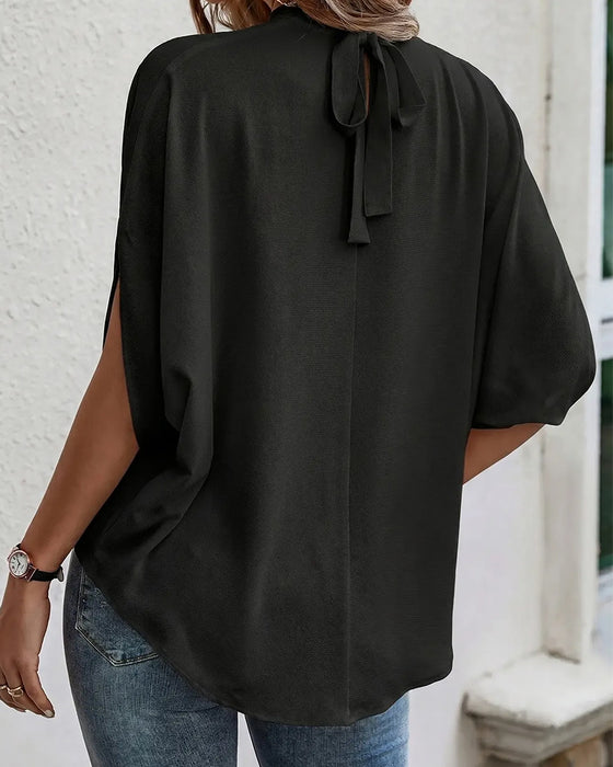 Bluse Mock Neck Plissert Tre Kvarter Erme Solid