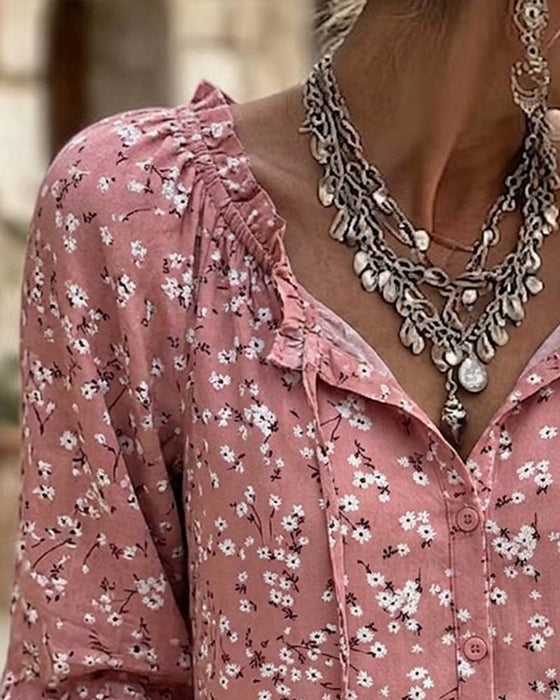 Bluse V-Hals Blomstret Stropper Ruffle Erme