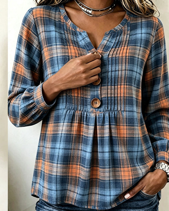 Bluse Tre-Knapp Rutete Langermet