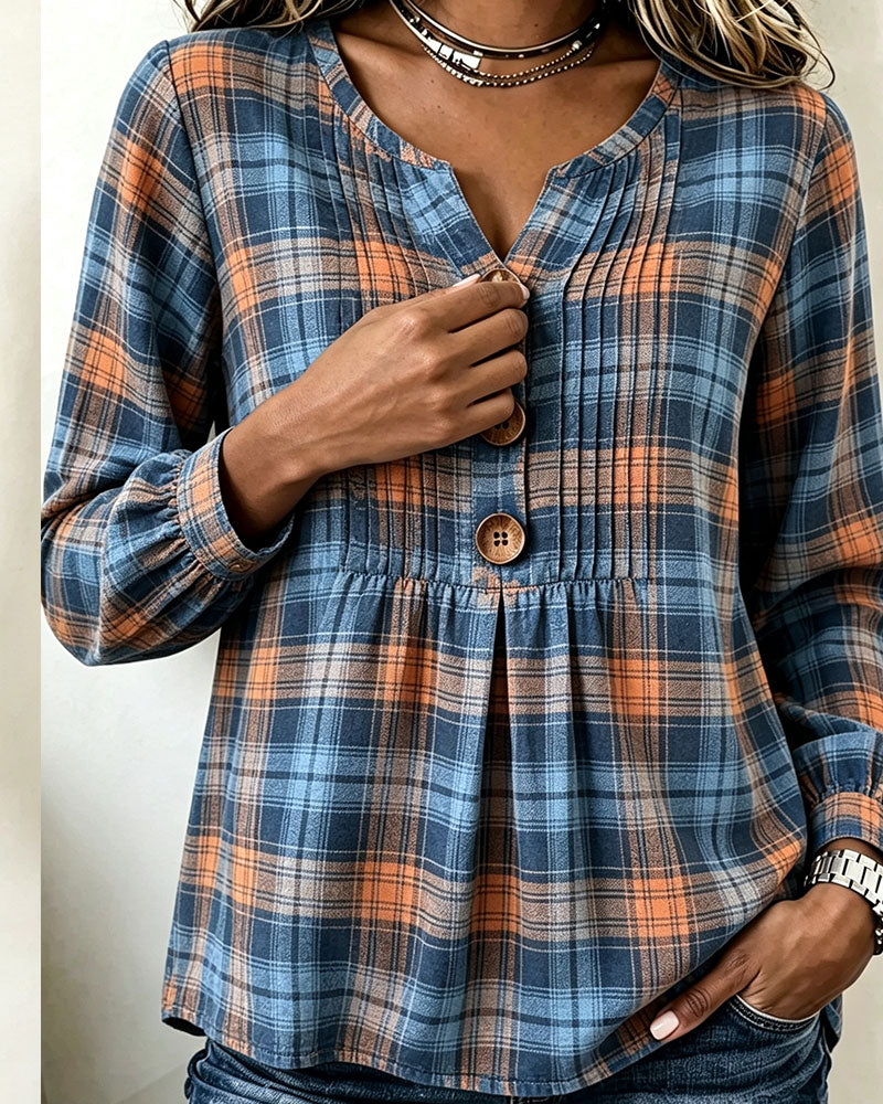 Bluse Tre-Knapp Rutete Langermet