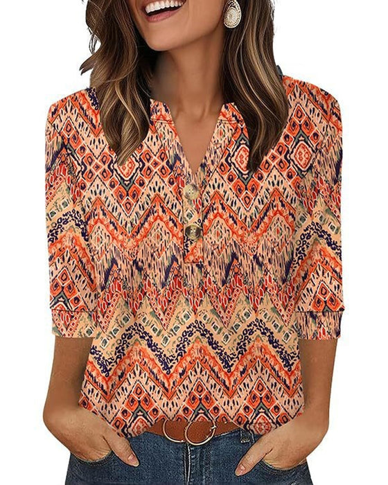 Bluse V-Hals Knappet Trekvart Erme